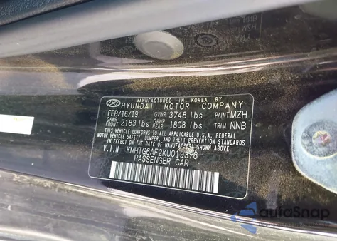 2019 Hyundai Veloster 2.0 z USA, uszkodzony, nr VIN KMHTG6AF2KU019378